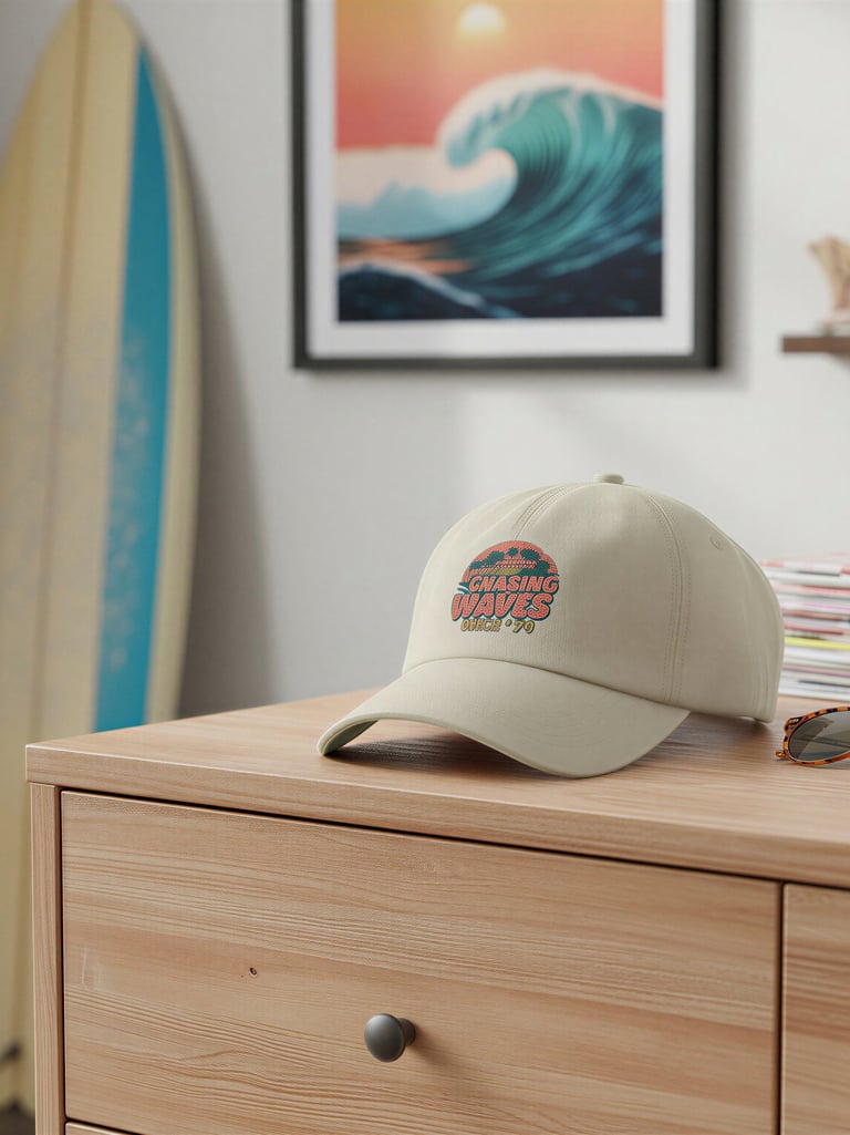 Beige cap with a retro beach embroidery on books.