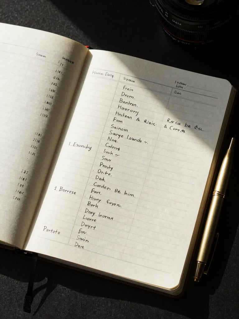 Close overhead shot of an open strategy notebook on a dark desk, precise handwritten content pillars and narrative columns mapped in structured rows, a gold pen resting at the edge, north-facing daylight creating clean precise shadows, ink tones dominant