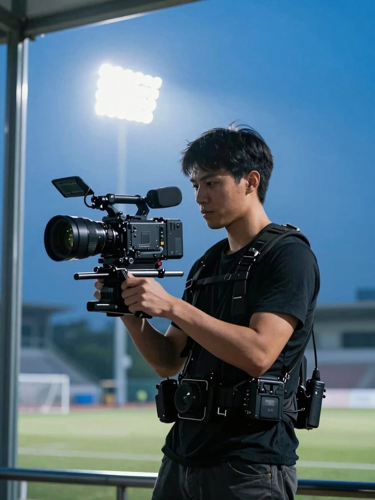Close-medium shot of a sports content creator operating a cinema-grade camera on a shoulder rig, stadium floodlight glow behind them through a glass panel, electric blue ambient tones, controlled strobe catching the equipment in sharp relief, subject focused mid-action not looking at camera