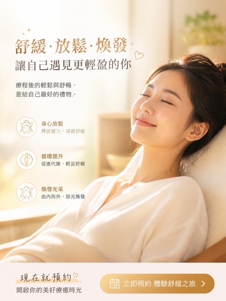 一位面帶輕鬆笑容、神情舒暢嘅人物（療程後嘅放鬆狀態），或者你哋店舖門面/環境嘅形象照，配上溫暖明亮嘅色調。