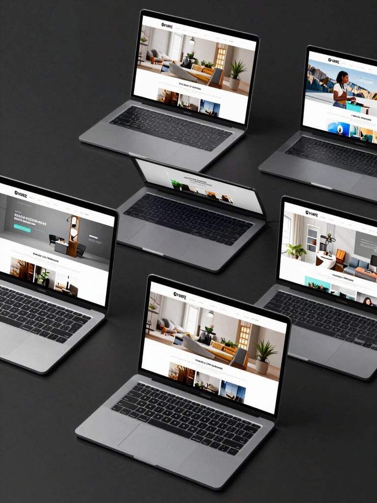 Flat-lay overhead view of multiple finished website designs displayed on laptop screens arranged on a dark matte surface, studio lighting, teal accent glow on screen bezels, minimal environment