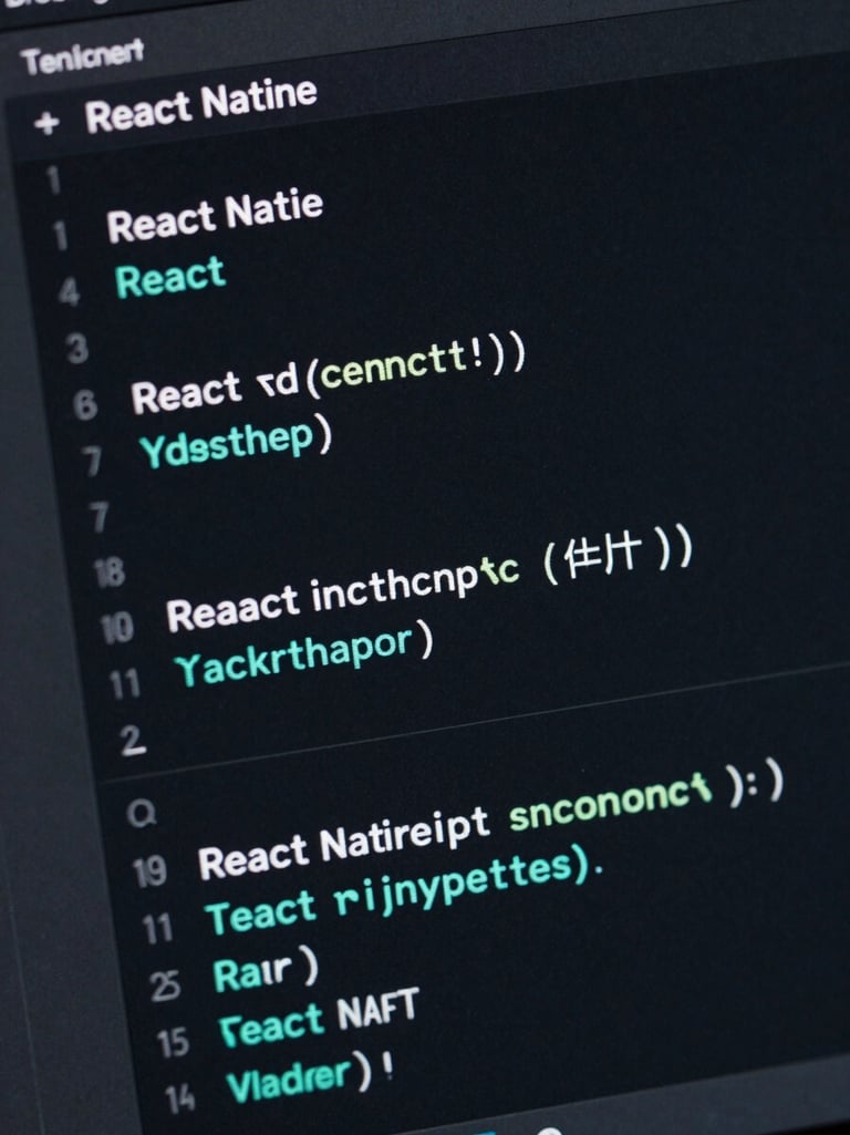 Macro shot of a dark-themed IDE showing clean React Native TypeScript code, subtle cyan syntax highlighting, screen glow effect, sharp focus