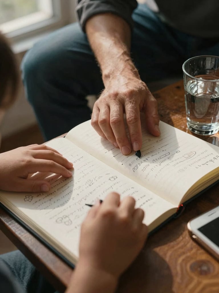 Close documentary frame of a tutor's hands and a child's hands both resting on an open notebook covered in handwritten notes and small diagrams, warm late-afternoon window light casting soft shadows, a half-drunk glass of water visible at the edge, intimate and focused atmosphere