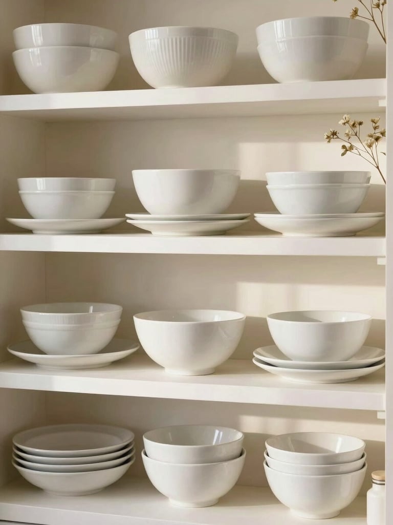 Aesthetic kitchen shelf displaying minimalist white porcelain bowls and plates alongside dried Baltic flowers, soft light