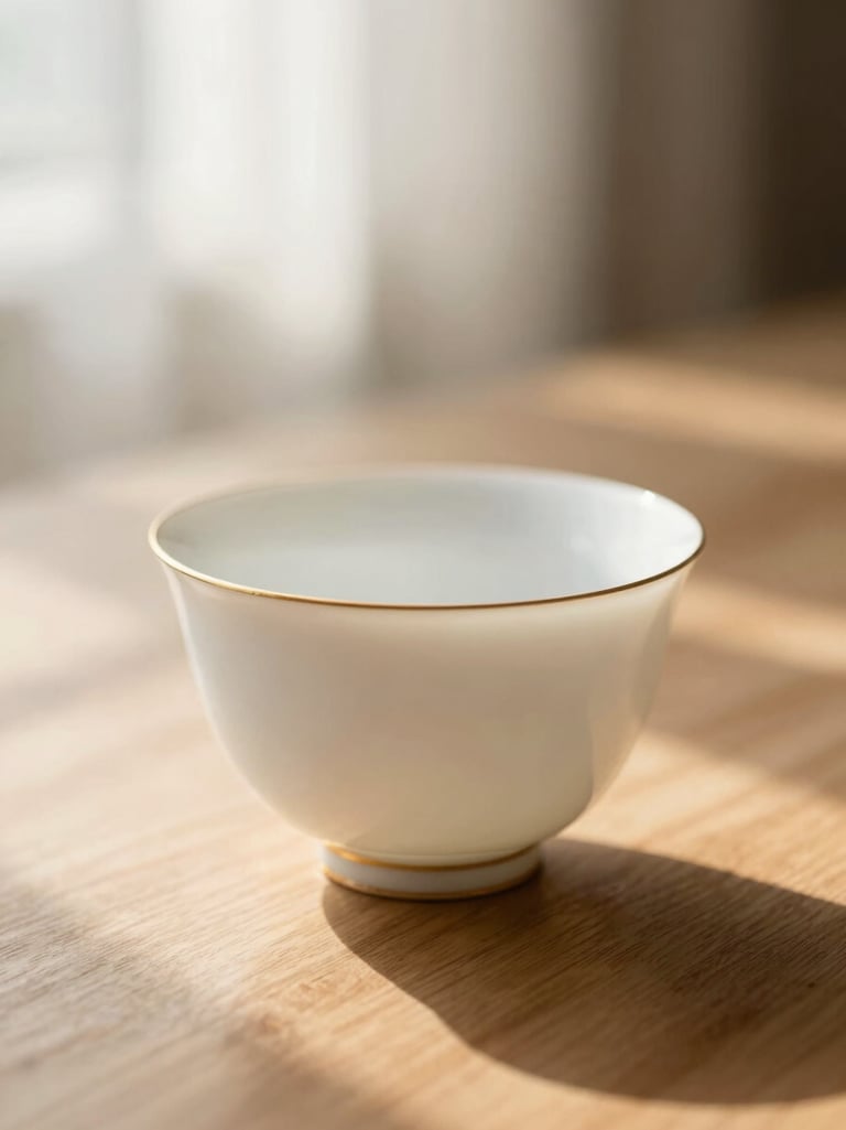 Macro shot of a gold-rimmed porcelain tea cup catching warm morning sunlight on a wooden table, shallow depth of field