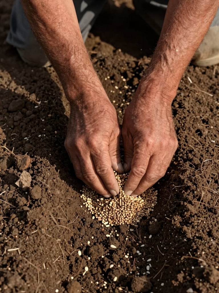 Close-up overhead view of a farmer's hands pressing BOOSTER granules into dark moist Afghan field soil at planting time, visible soil texture and seed furrows, natural afternoon daylight, agricultural context