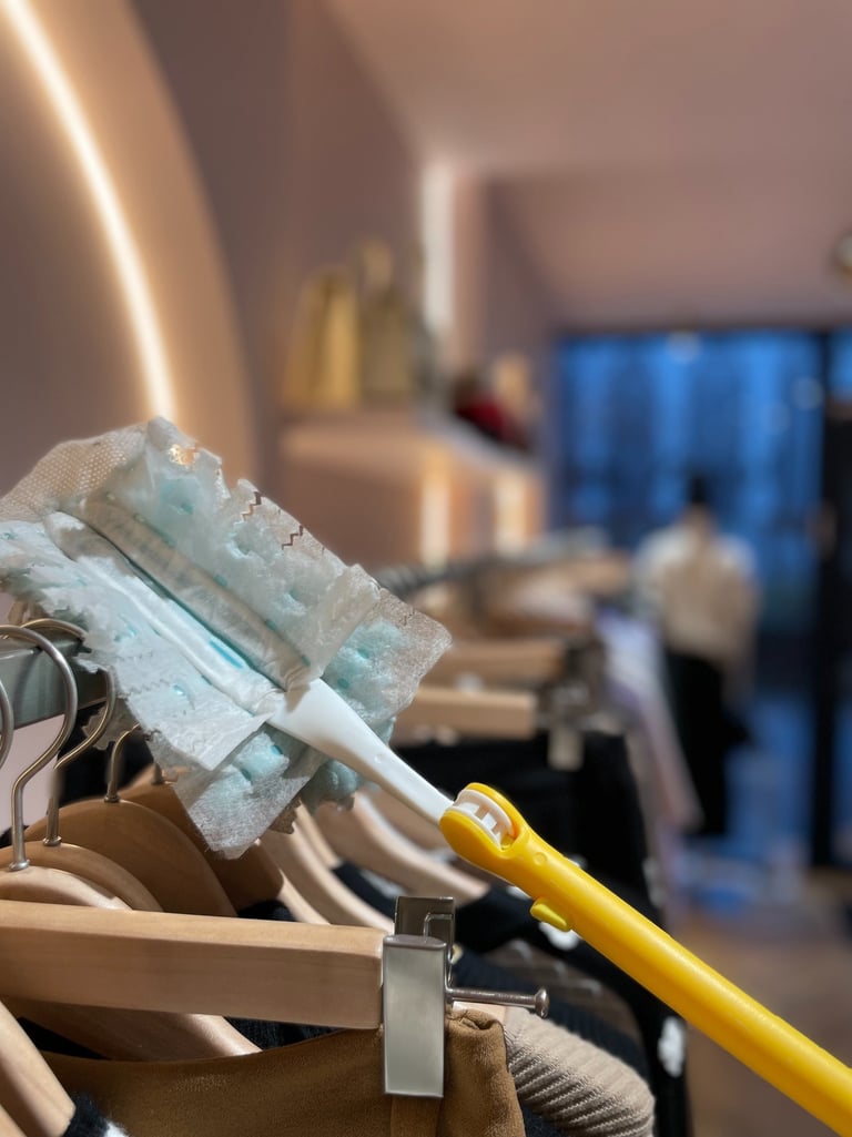 Technicien de M & M Services Pro dépoussiérant un portant dans la boutique Léo et Ugo à Rouen