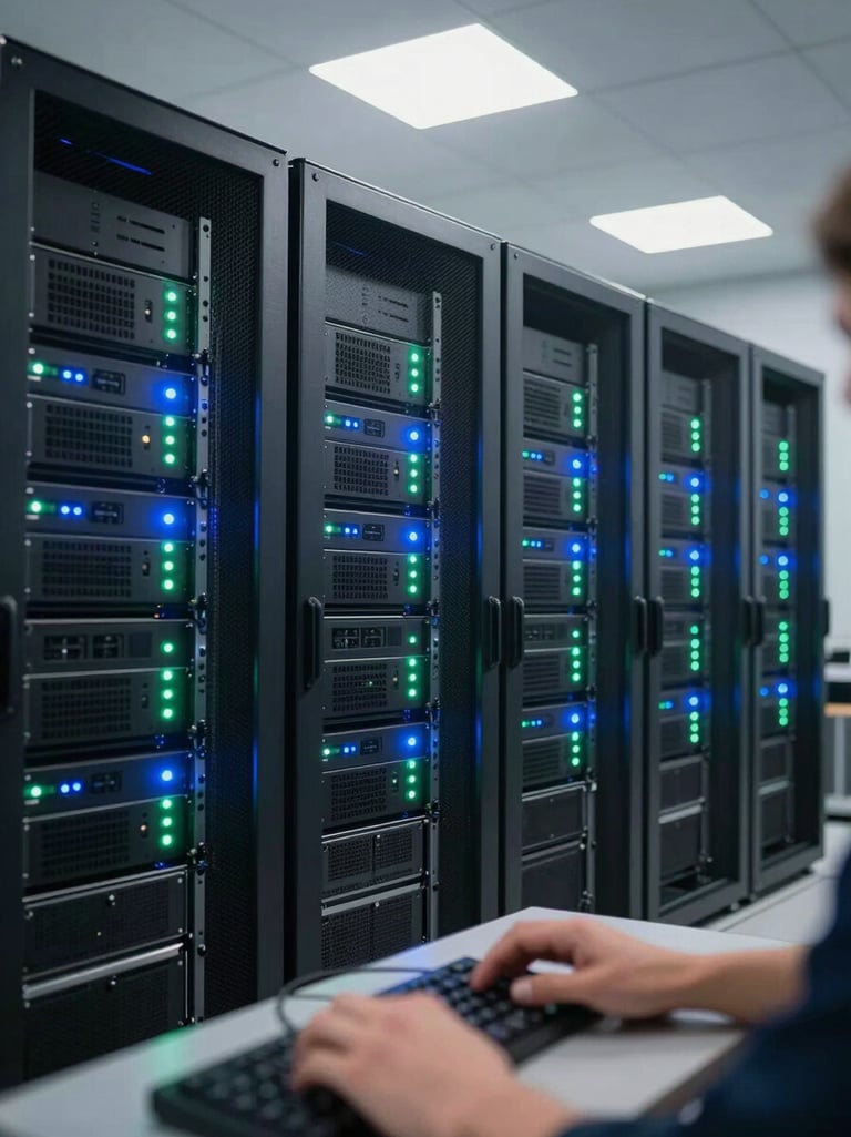 Wide shot of a server operations room with rows of rack-mounted servers, status indicator lights blinking in cool blue and green, neutral overhead fluorescent lighting, a technician's hands visible at a keyboard in the foreground — sharp environmental detail, no people's faces