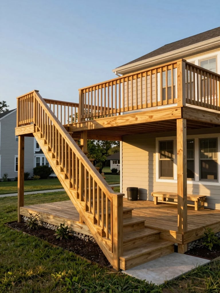 Wide environmental daylight photograph of a completed multi-level pressure-treated deck on a Delaware neighborhood home — stairs leading to lawn, built-in bench on upper level, afternoon golden-hour light raking across the deck boards at low angle, viewed from the yard corner to show full structure depth