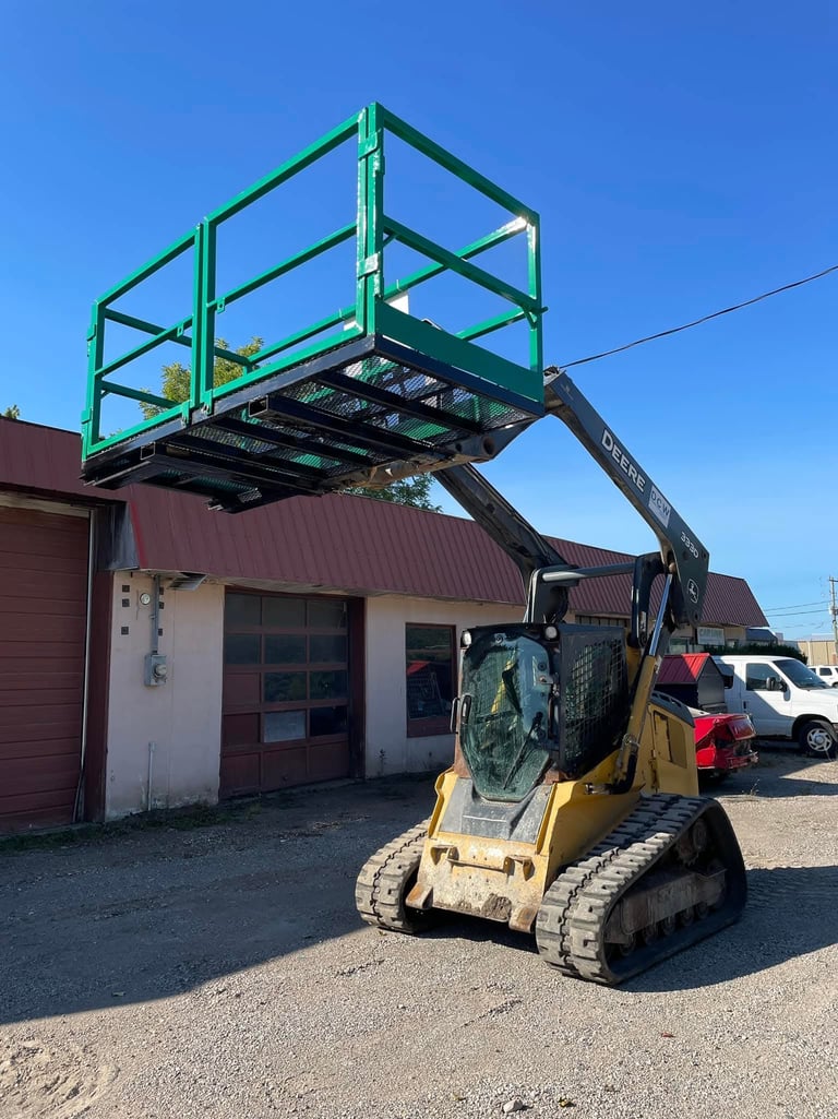 Custom man basket work platform raised by skid steer