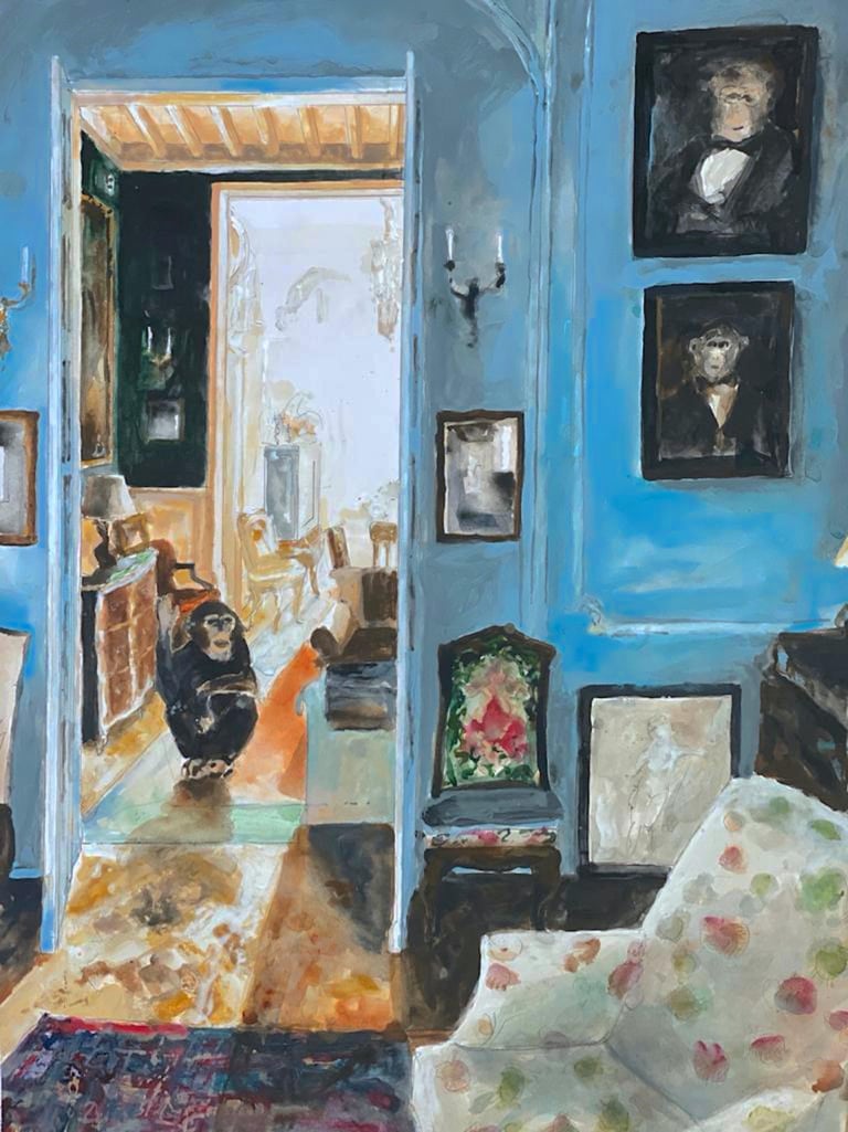 a painting of a living room with a blue wall, monkey and monkey portraits