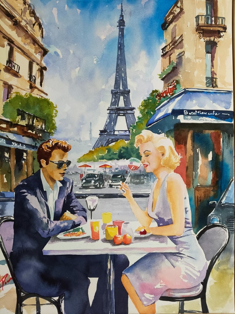 a painting of a man and woman sitting at a table