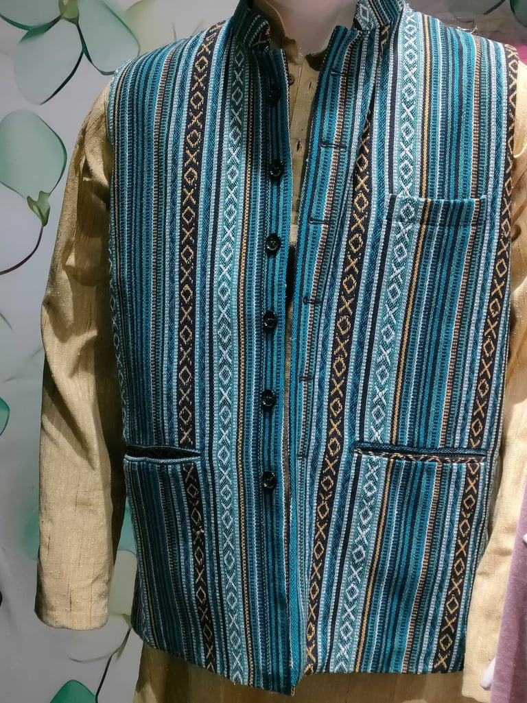 a man's waistcoat or sadri or jawahar jacket or nehru jacket with a blue and white striped handloom 
