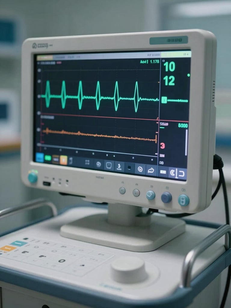 Close-up of a clinical monitor screen showing a live EEG waveform readout with a bold numerical index score displayed in teal on a dark interface, positioned on a hospital monitoring cart, cool clinical lighting, no people present