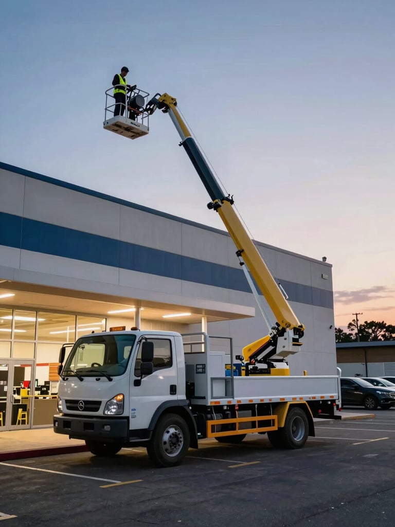 Wide environmental shot of a commercial bucket truck elevated at height beside a large retail building at dusk, technician working at the boom arm under available tungsten site lighting, parking lot visible below