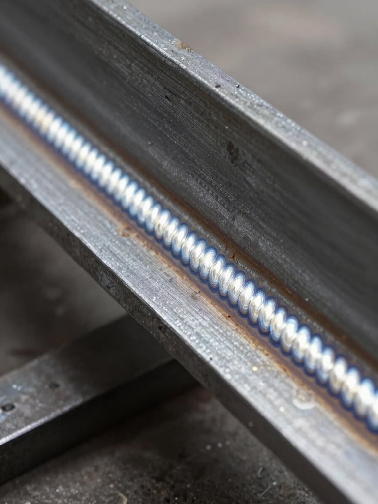 Extreme close-up of a freshly completed MIG weld bead on a structural steel I-beam, shot from low angle with hard industrial daylight raking across the surface from the left, revealing the precise ripple pattern of the joint and the surrounding heat-affected zone — no people, no background detail, just the weld and the steel