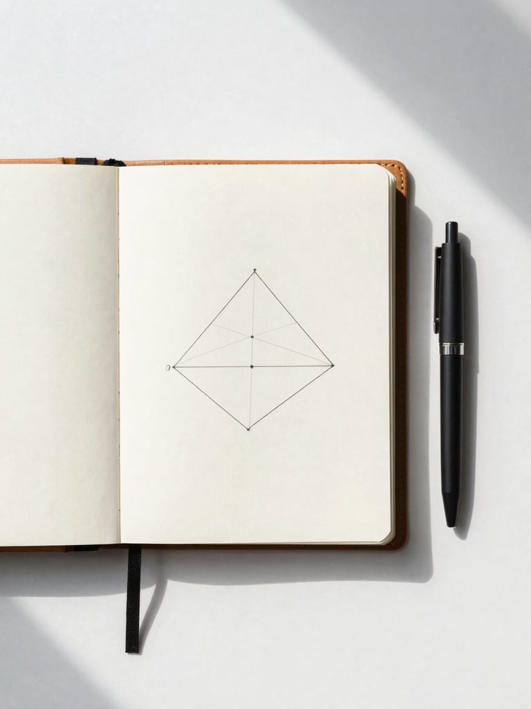 An overhead flat-lay of a minimalist organized study workspace, a structured leather notebook open to a clean geometric diagram, a matte black pen, soft natural daylight with gentle shadows.