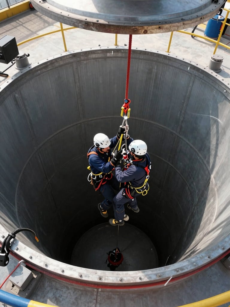 Wide environmental shot of industrial workers in full rope-access kit performing a confined-space rescue simulation inside a large steel tank, natural north-facing daylight entering from an overhead hatch, ropes and anchor hardware clearly visible, no posed expressions, documentary framing