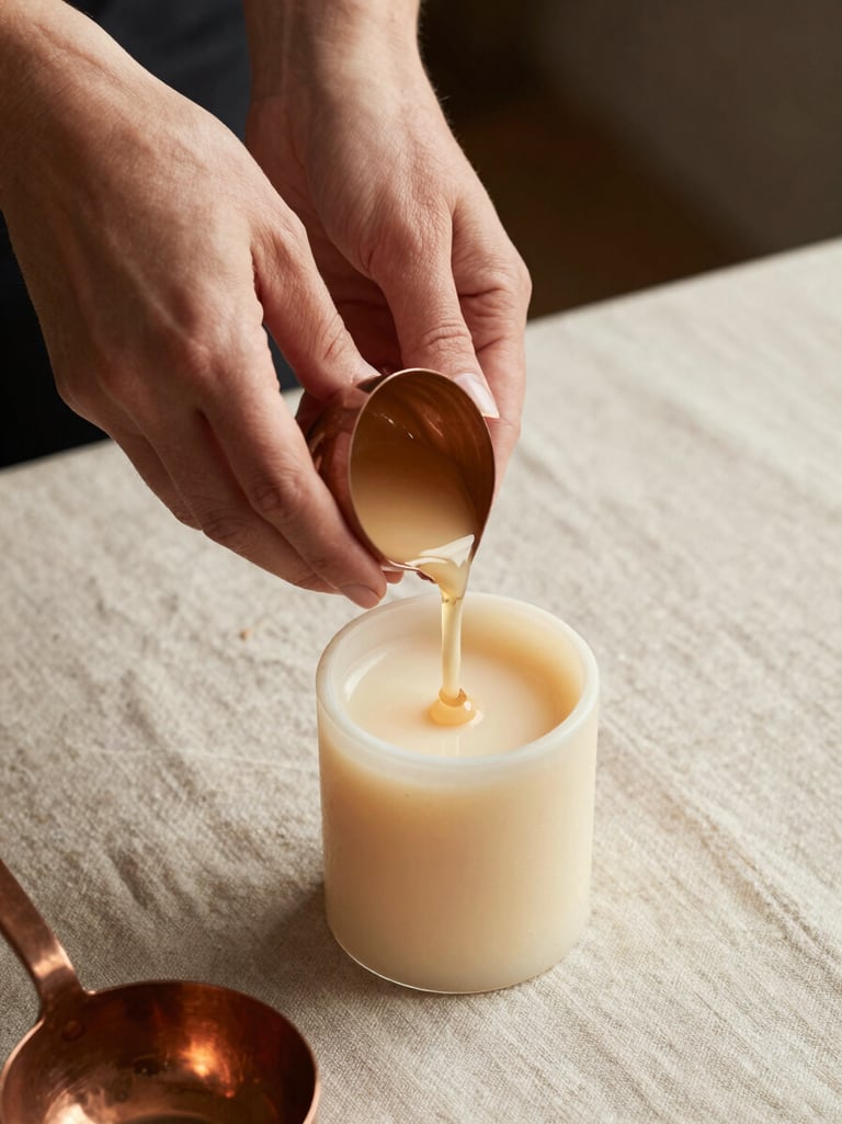 Close overhead macro of Ewelina's hands mid-pour filling a small soy candle vessel on a linen-covered table, golden side-light catching the liquid surface, a copper ladle resting at the frame edge, no eye contact