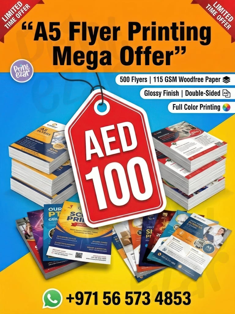 A5 Flyers Printing Offer UAE: 500 pcs double-sided glossy flyers for AED 100. Design Support.