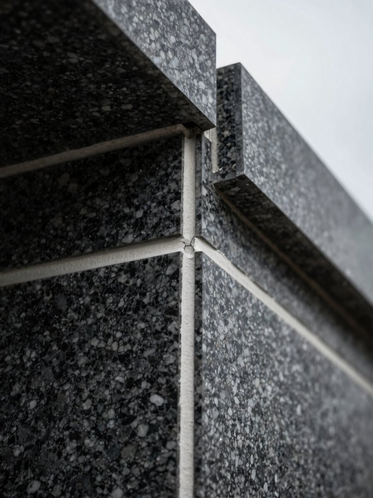 Extreme close-up of precision masonry joint on completed building facade, dark granite meeting white mortar channel, overcast diffuse light, architectural material detail, no people