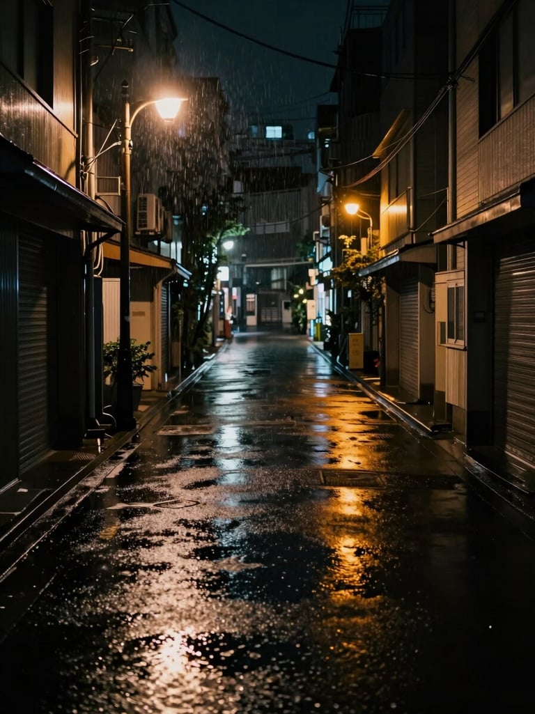 Wide panoramic shot, rain-soaked Tokyo side street at night, neon reflections pooling on wet asphalt, a single sodium lamp casting amber side-light from the left, empty frame center, deep shadow flanking both edges, cinematic noir composition with the light source off-center to the right third