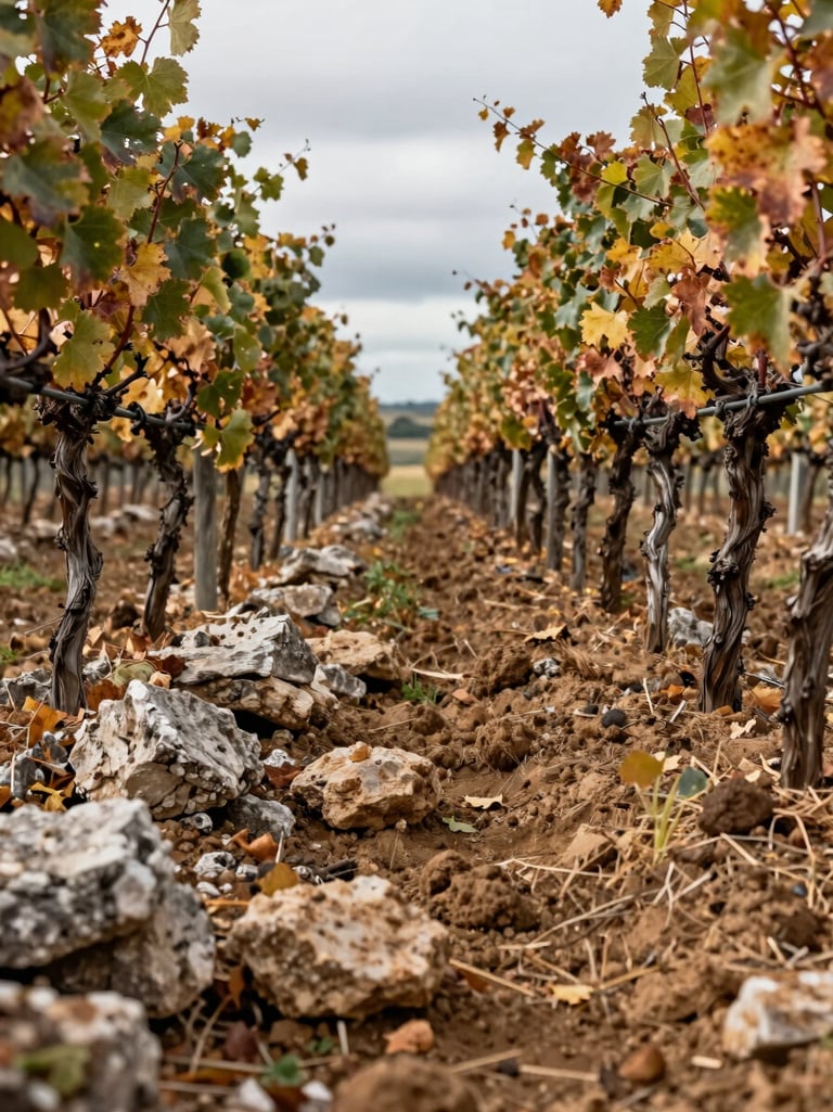 Close-up of vineyard row at ground level, Tierra de León, showing exposed limestone and clay soil between old vine trunks, overcast autumn daylight, no people, wide environmental framing with low horizon
