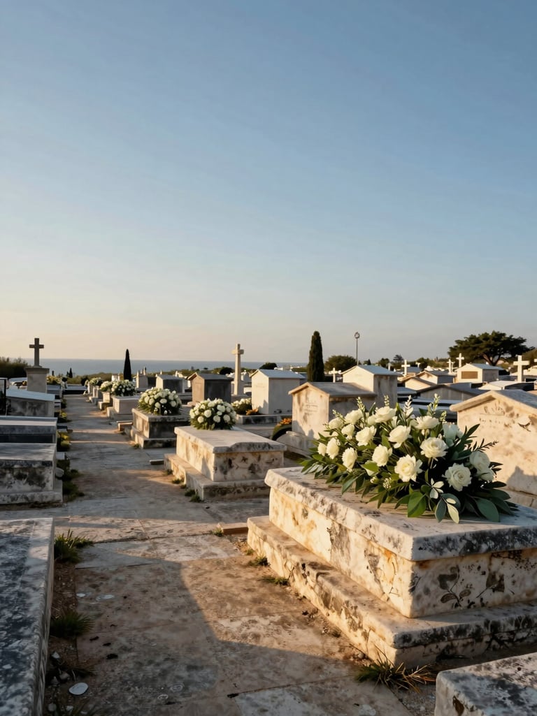 Wide environmental view of a Mediterranean cemetery path at golden hour, a stone grave in the right third freshly arranged with white and sage-green flowers, warm sunlight raking across old limestone, generous empty sky above