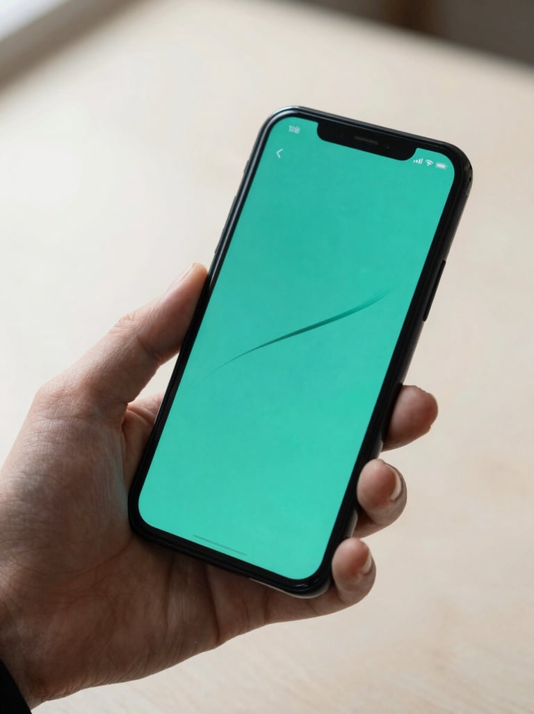 Hand holding an Android phone at a slight angle in bright north-facing studio light, screen displaying a teal-accented app mid-interaction with a visible swipe gesture trail, warm off-white surface below the hand, close crop on the screen and thumb