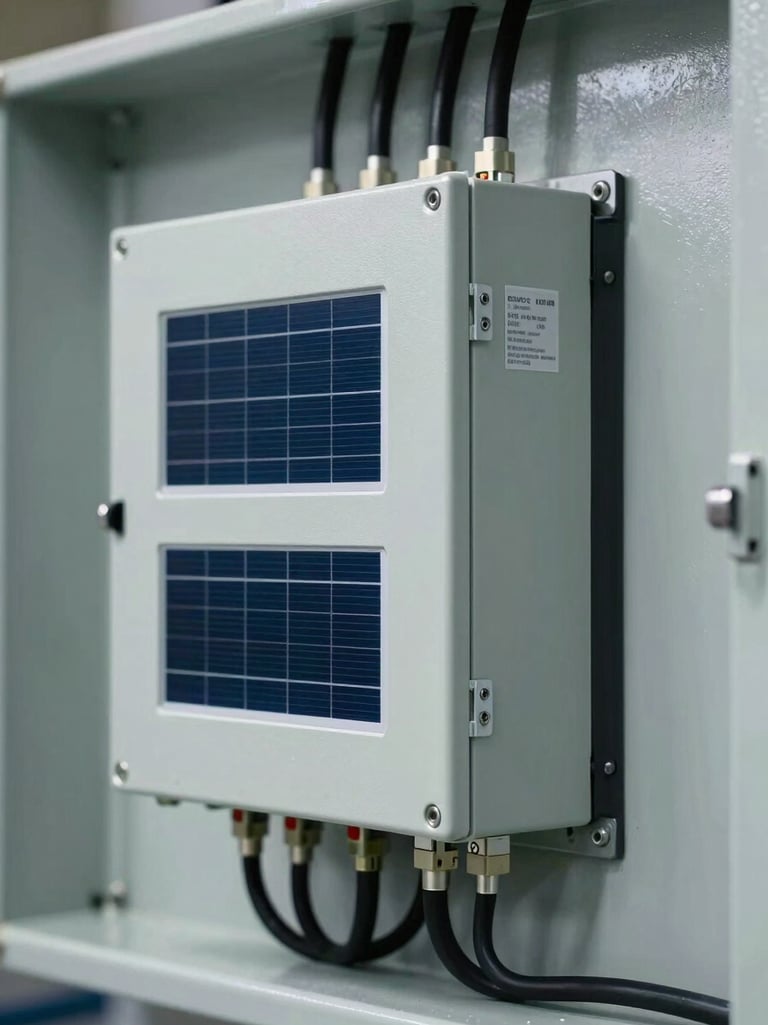 Close-up of a heavy-duty industrial solar inverter mounted on a clean, professionally wired wall panel, neat conduit runs, technical labels visible.
