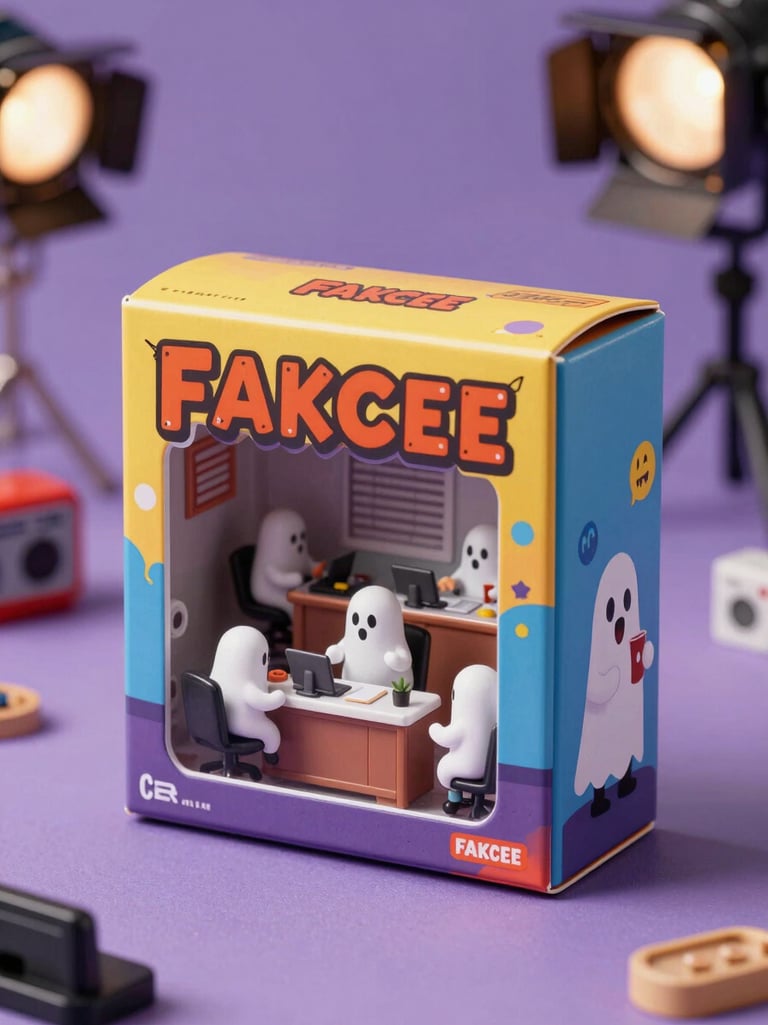 Fake toy packaging design for a miniature haunted office playset, cartoon-style box art with bright colors, tiny ghostly office workers visible through a plastic window cutout, even studio lighting on a lavender surface