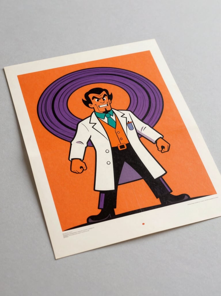 Bold retro 1970s comic-style villain movie poster featuring a cartoon scientist character with a swirling wormhole behind him, orange and purple color palette, clean even daylight studio lighting, printed artwork flat on a pale surface