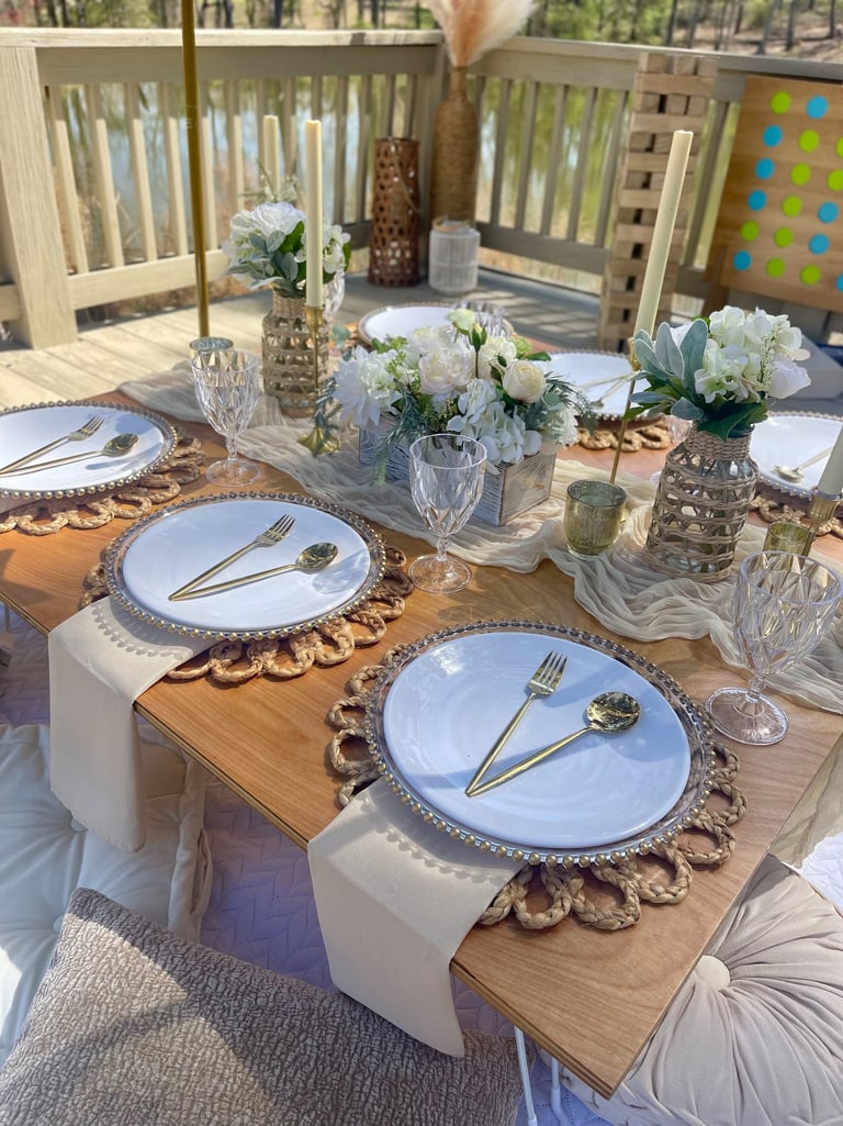 Neutral soft elegant luxury picnic with styled florals, games, special celebrations in North Georgia