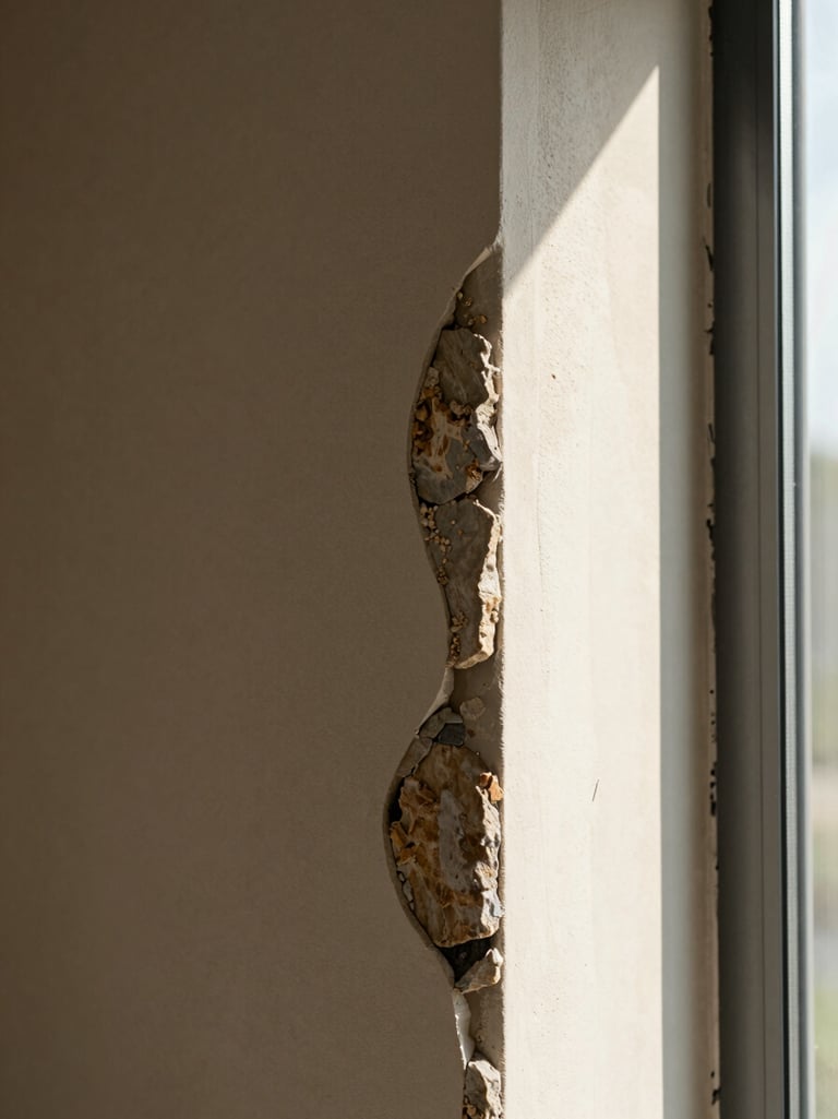 Close macro of a stone-to-plaster wall transition inside a finished home, raking natural daylight from a narrow window reveal to the right, warm shadow tracing the material seam, no furnishings or styling