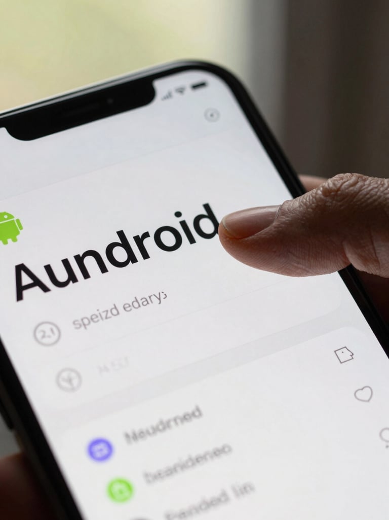 Extreme close-up of an Android app UI on a device screen held by an older adult's hand, natural daylight from a window, large readable type visible on screen, clean minimal interface, sharp focus on glass and fingertip