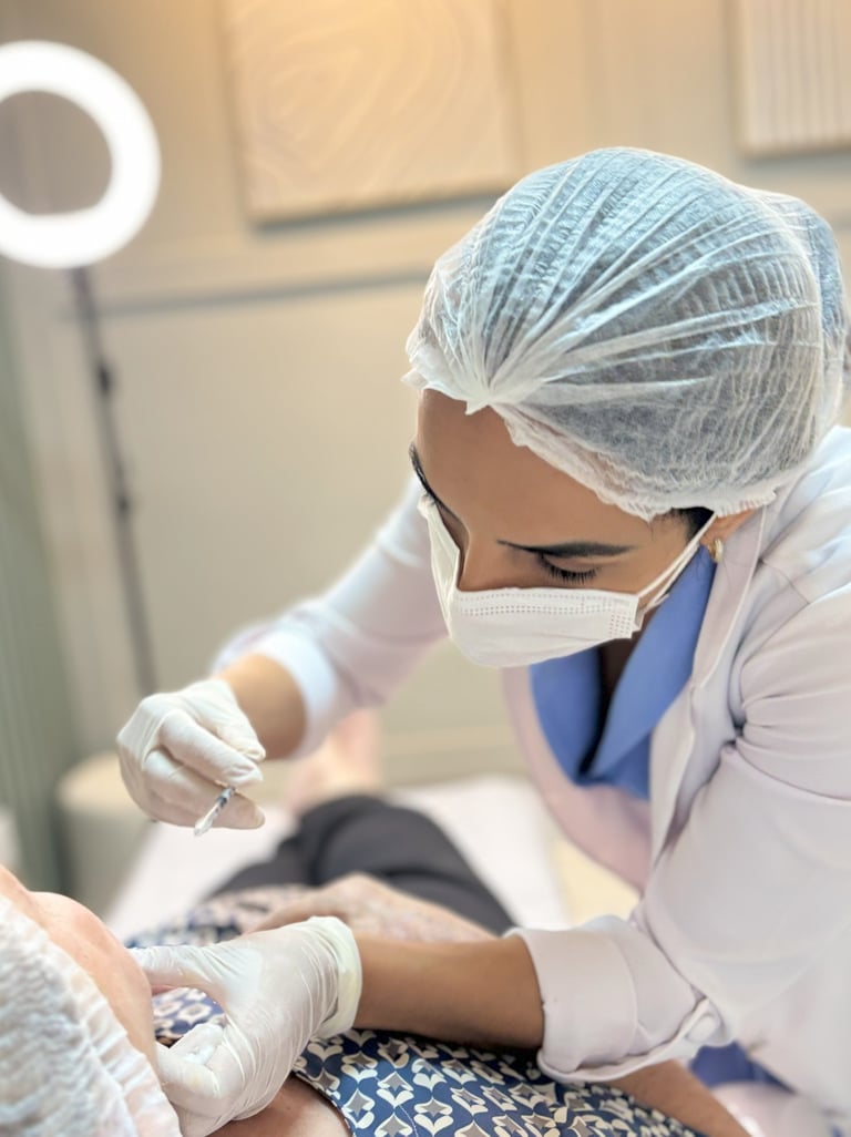 a woman in a white lab coat and a nurse in a white coat