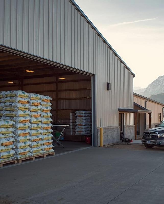 Livestock feed store, stacked bags