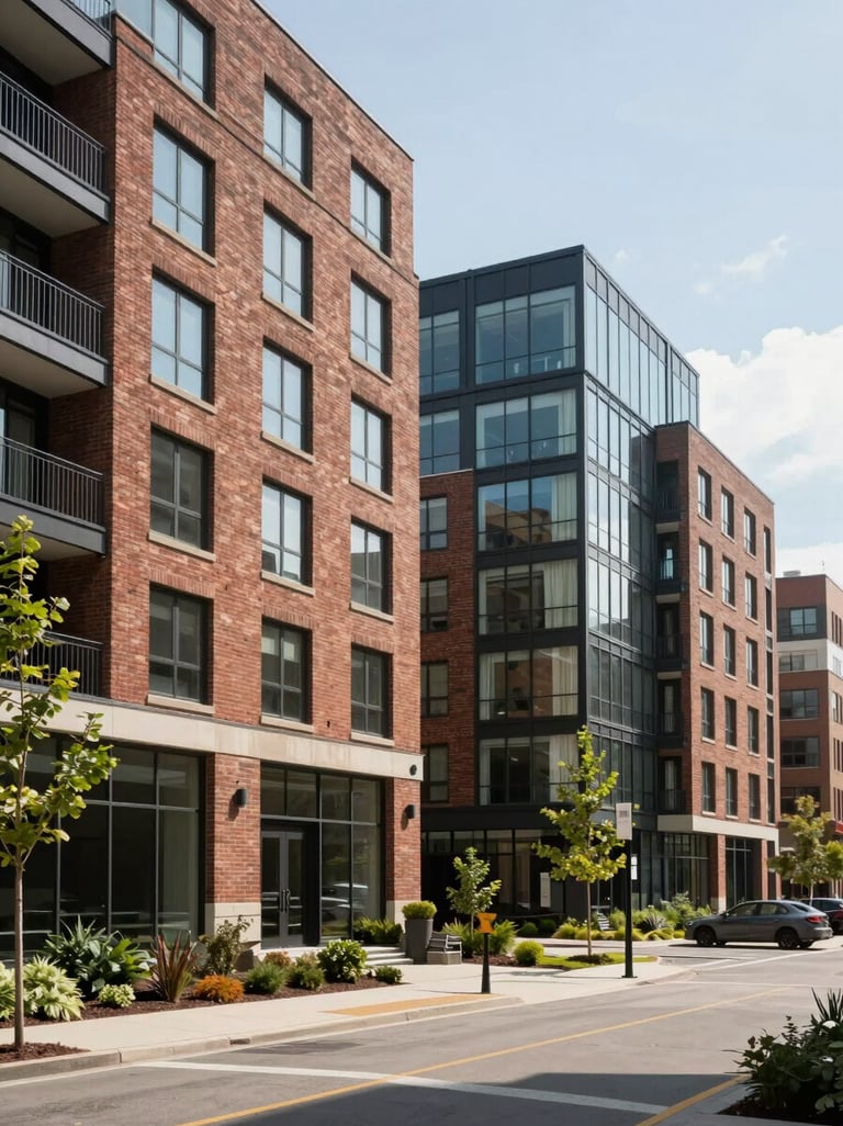 Exterior view of a luxury multi-family residential complex with modern brick and glass architecture, clean landscaping, North American / Canadian French city setting, bright daylight.