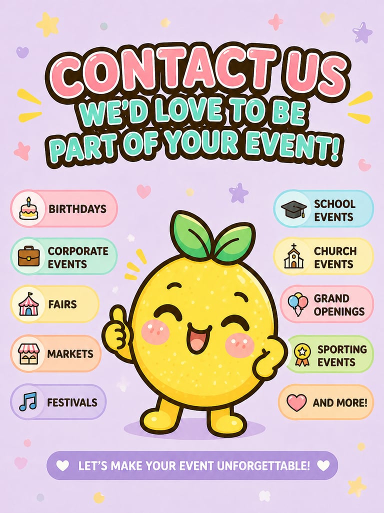 Cute yellow lemon character promoting event services for birthdays, school events, and festivals.