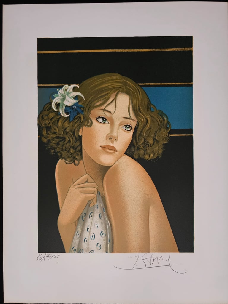 art deco vitage jeune femme au lys- Yves Ganne