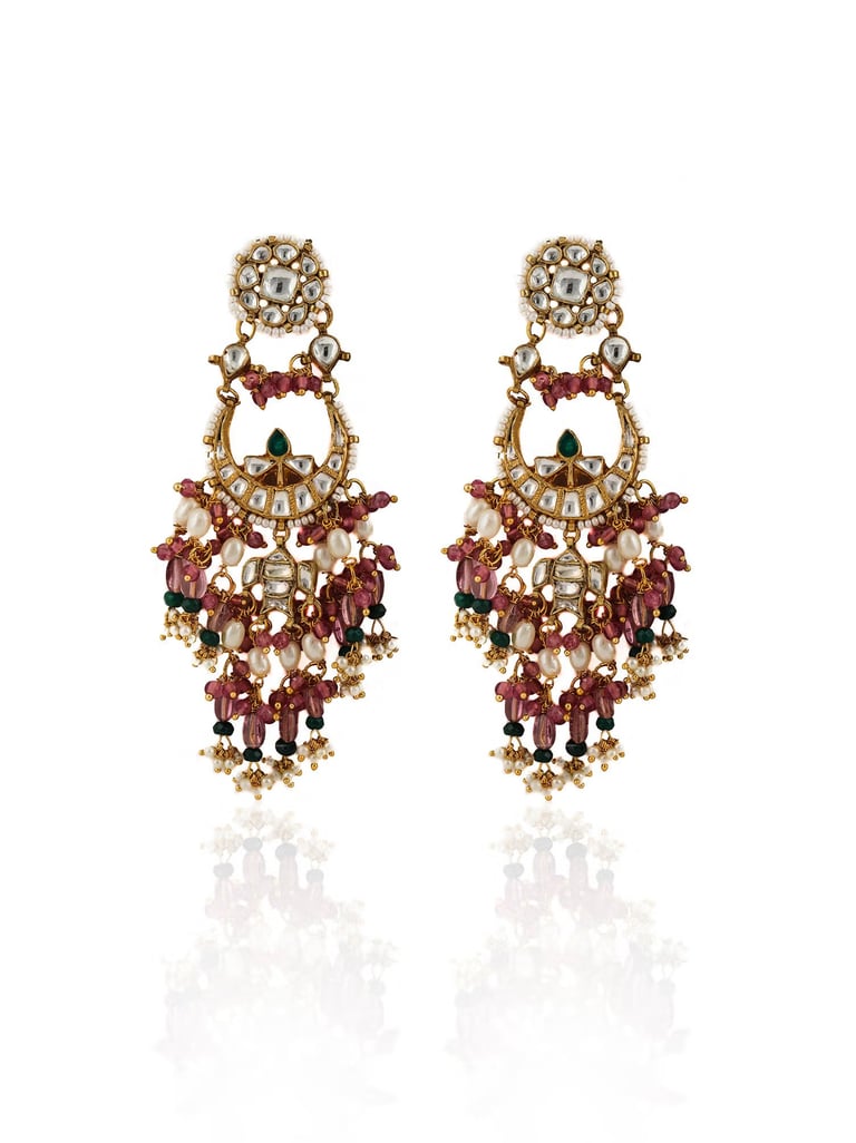Elegant gold kundan drop earrings featuring pink beads and white pearls for ethnic bridal wear.