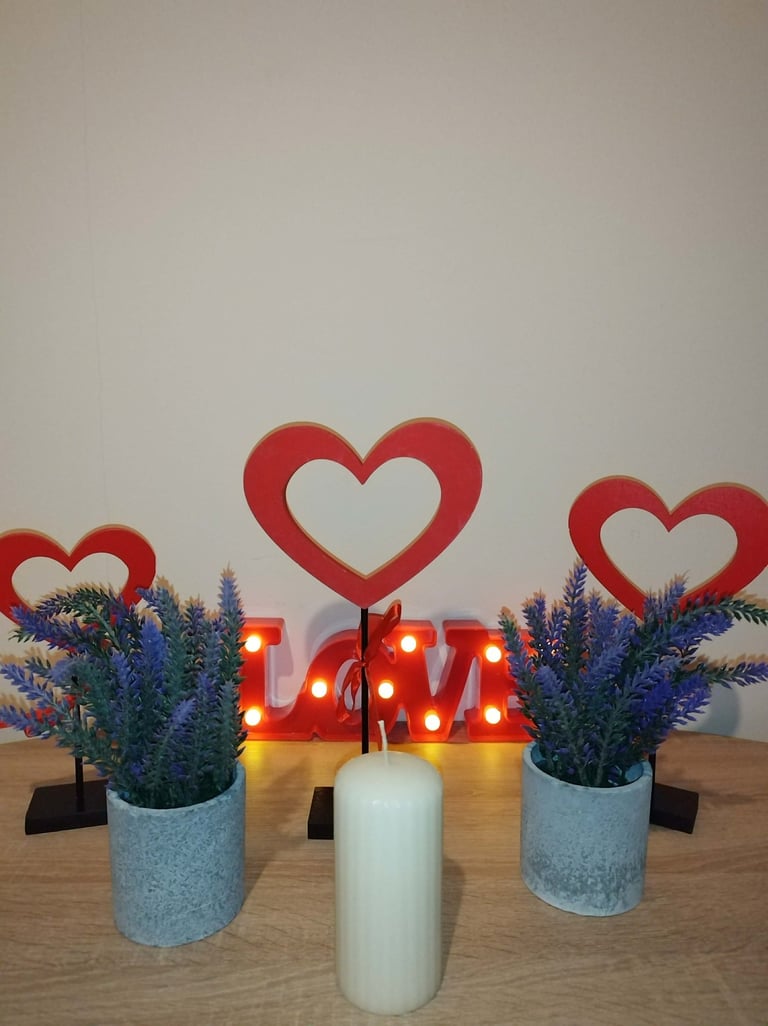 Two artificial lavender plants in purple-grey pots, faux flowers for home, office, or farmhouse déco