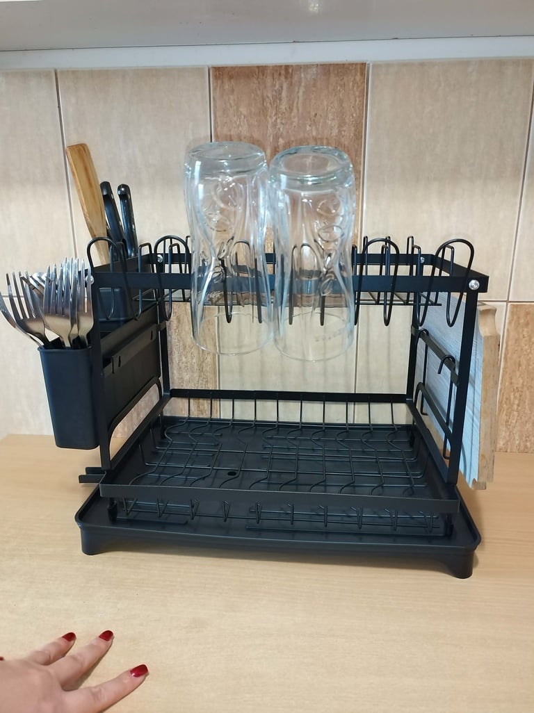 Black 2-tier stainless steel dish drying rack with rotating drainage tray, cup and utensil holders
