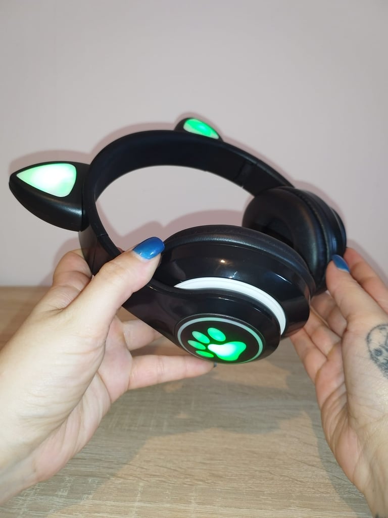Foldable Bluetooth cat ear headphones with colorful LED lights, built-in microphone