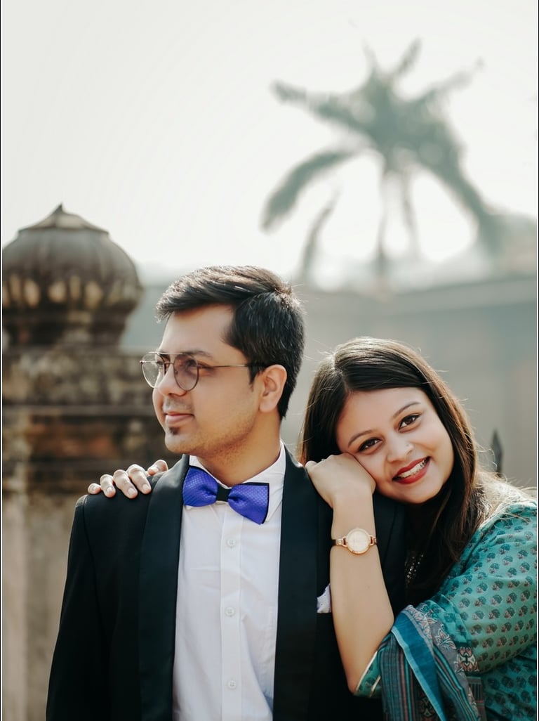 Pre wedding photo of a couple in a garden, capturing their love story