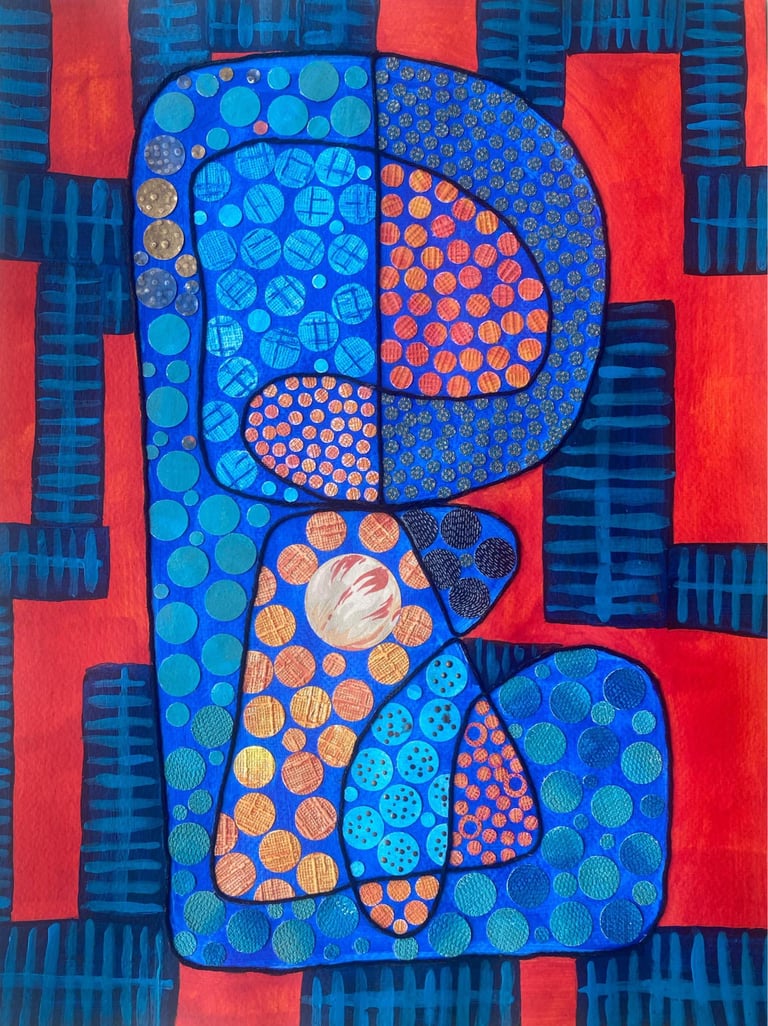 Collage sur papier rouge et bleu