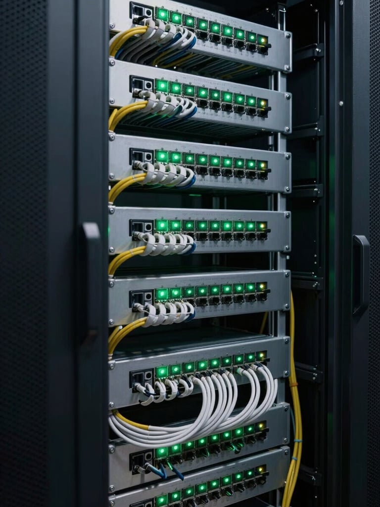 Close-up interior of a dense server rack, cables neatly bundled and routed through patch panels, green indicator LEDs casting cool light on structured cable management, shot from a slight low angle inside a technical room