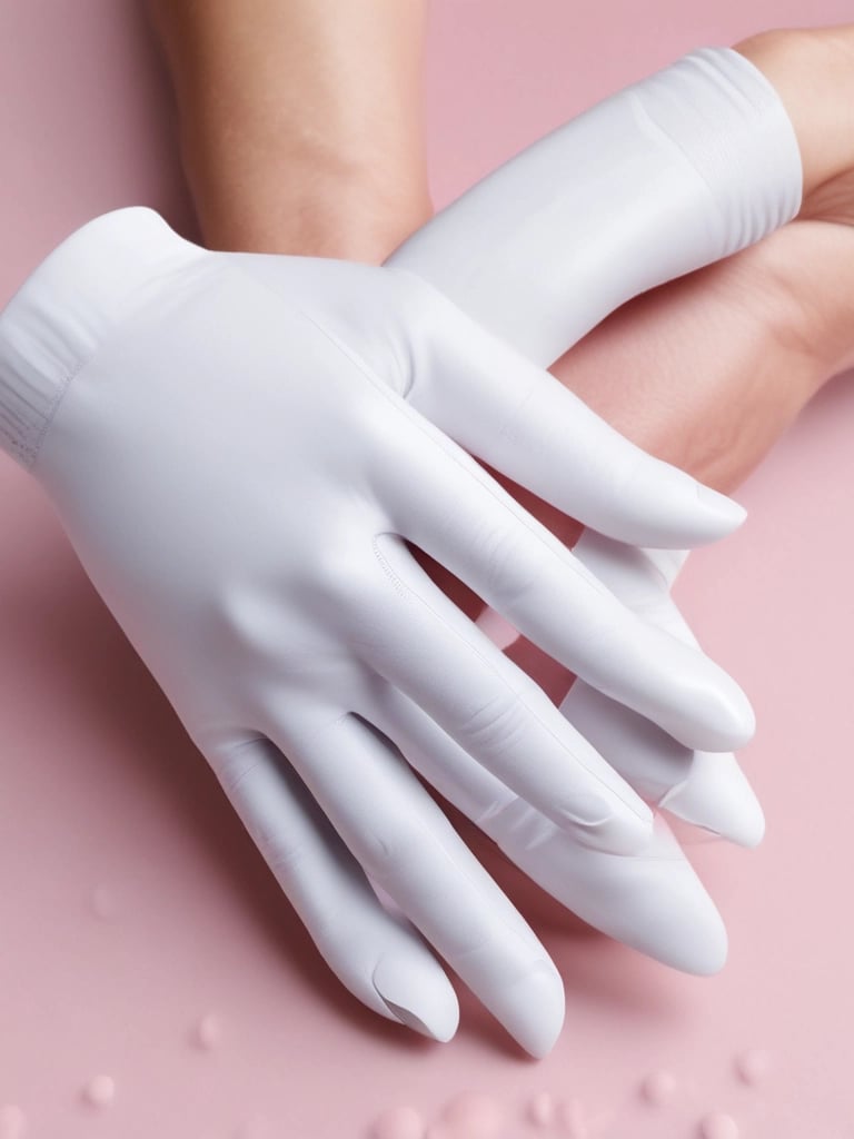 White moisturizing hand treatment gloves on a soft pink surface for overnight spa skincare.