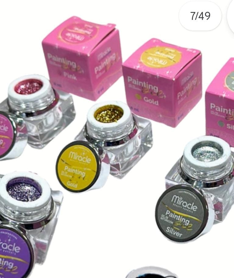 Miracle professional glitter gel nail polish set in pink, gold, silver, and lilac pots.