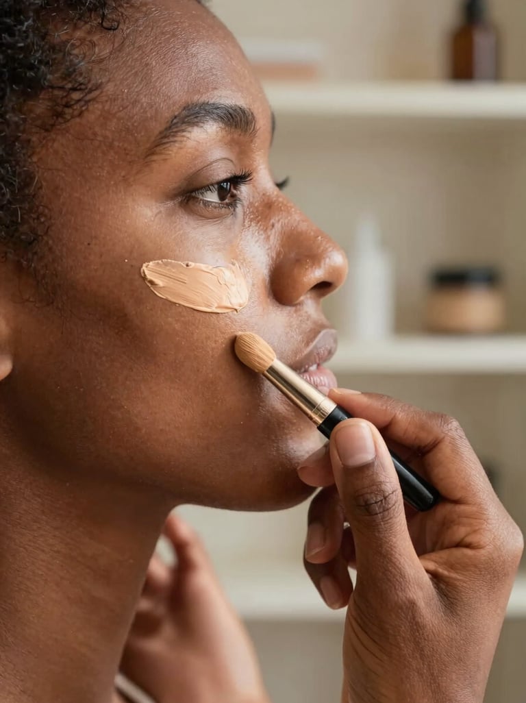 Extreme close-up, left-aligned composition — artist's hands blending foundation along a jawline on deep brown skin, soft natural window light raking across the skin surface revealing texture and technique, neutral warm-white studio shelf background, documentary framing